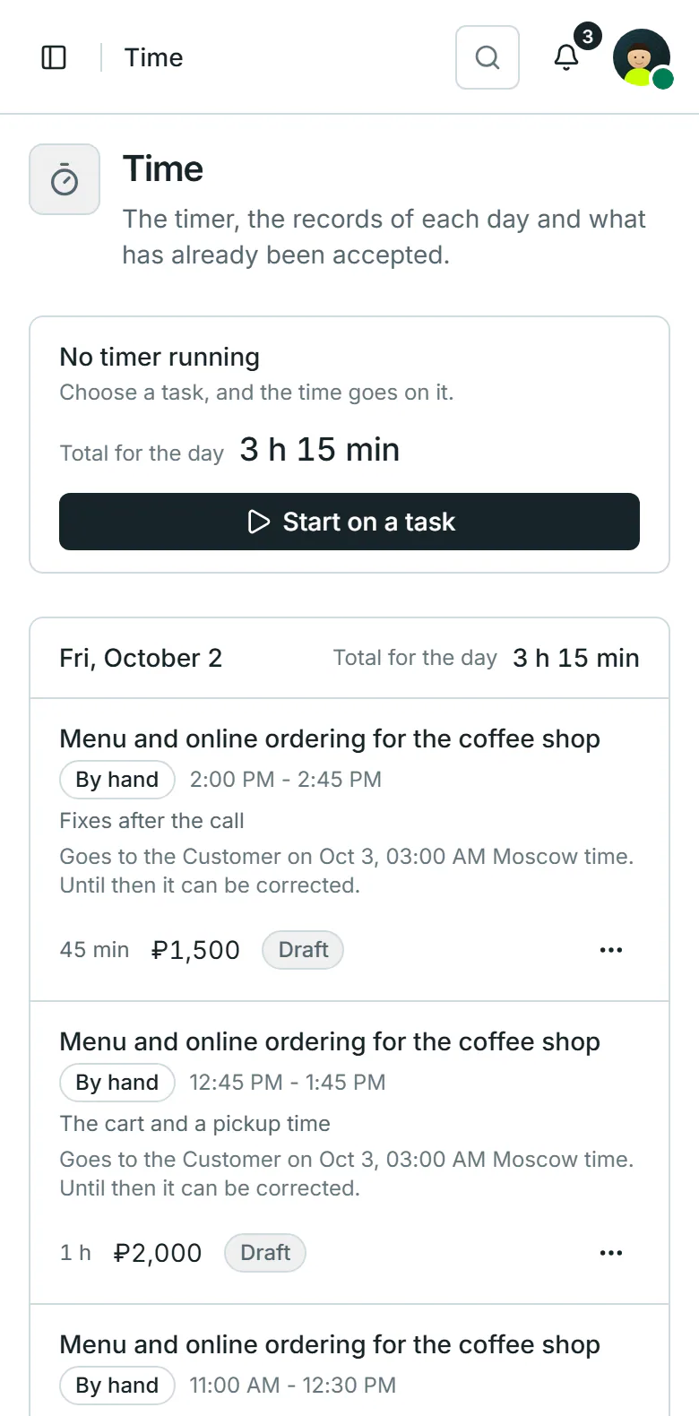 A Specialist time tracker and credits on a phone